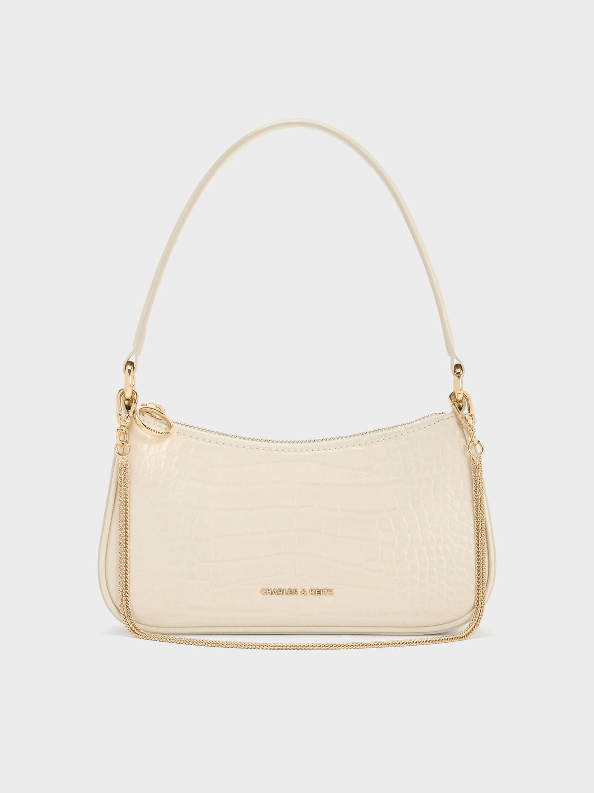 CHARLES & KEITH Trusted / Elspeth Croc-Effect Chain-Link Shoulder Bag - Cream Croco