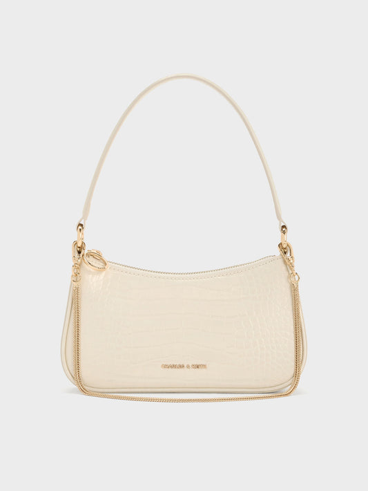 CHARLES & KEITH Trusted / Elspeth Croc-Effect Chain-Link Shoulder Bag - Cream Croco