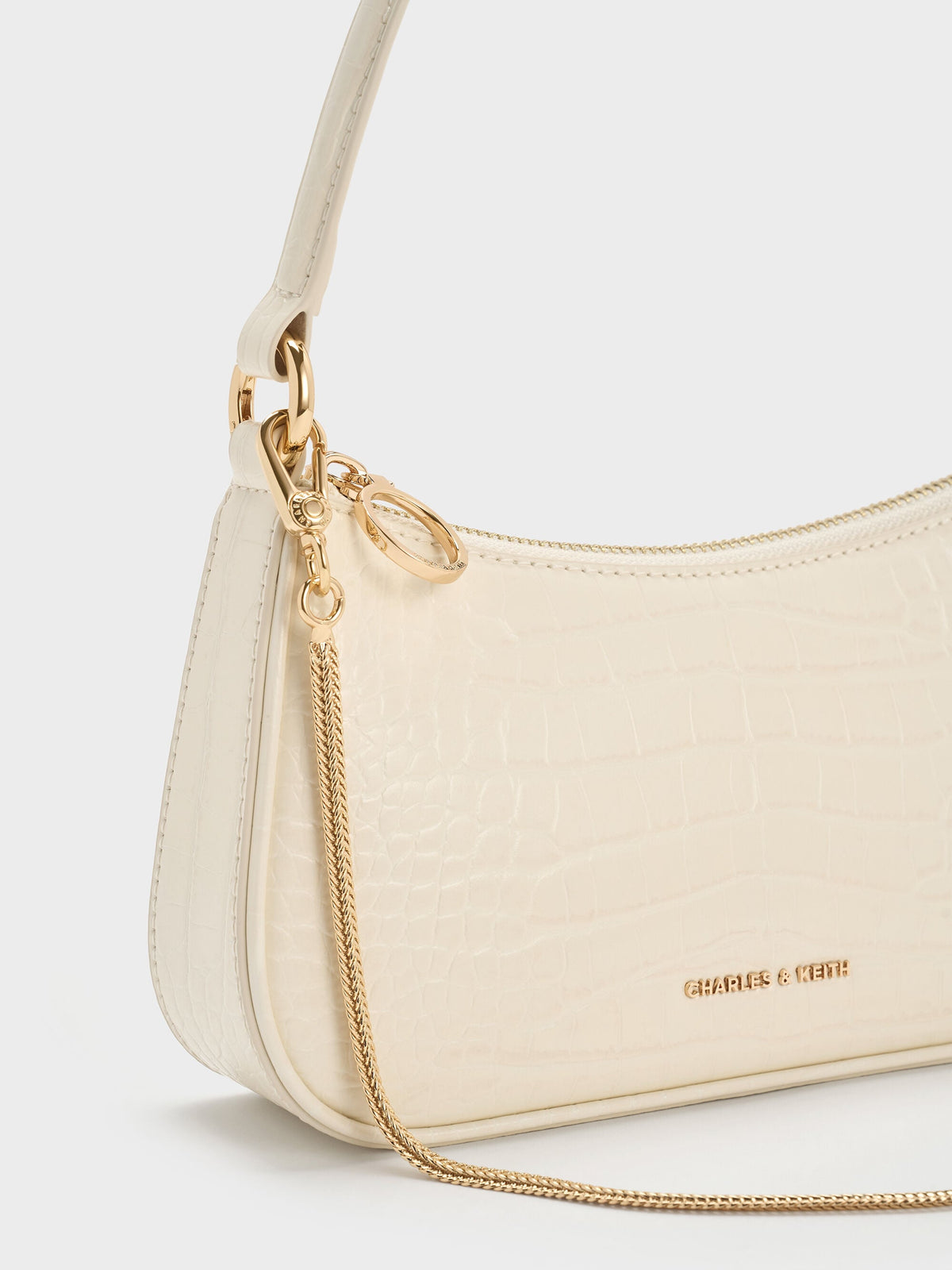 CHARLES & KEITH Trusted / Elspeth Croc-Effect Chain-Link Shoulder Bag - Cream Croco