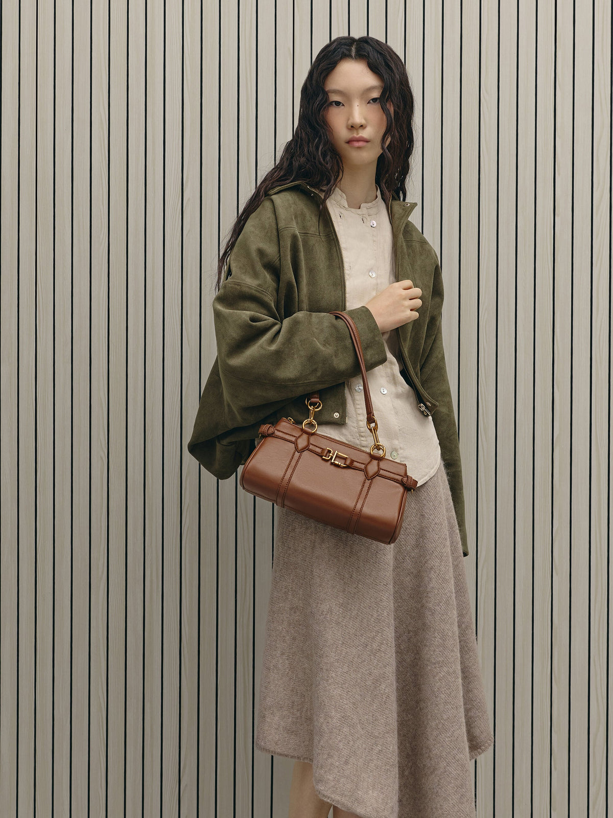 CHARLES & KEITH Value / Gwynne Metallic-Accent Elongated Shoulder Bag - Chocolate