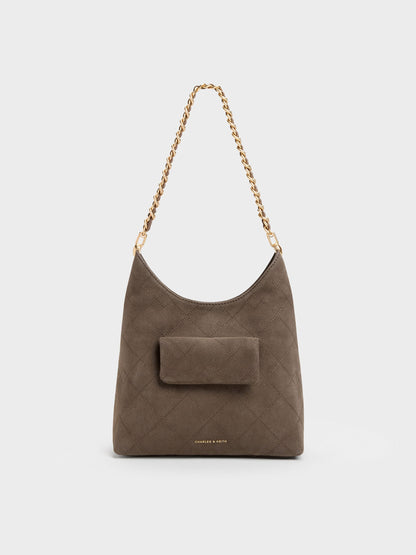 CHARLES & KEITH Everyday / Duo Quilted Front-Pocket Chain Hobo Bag - Stone Grey