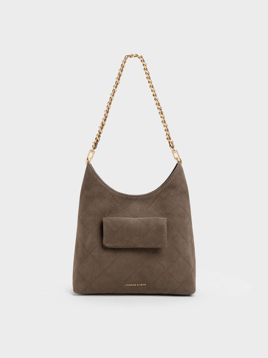 CHARLES & KEITH Everyday / Duo Quilted Front-Pocket Chain Hobo Bag - Stone Grey