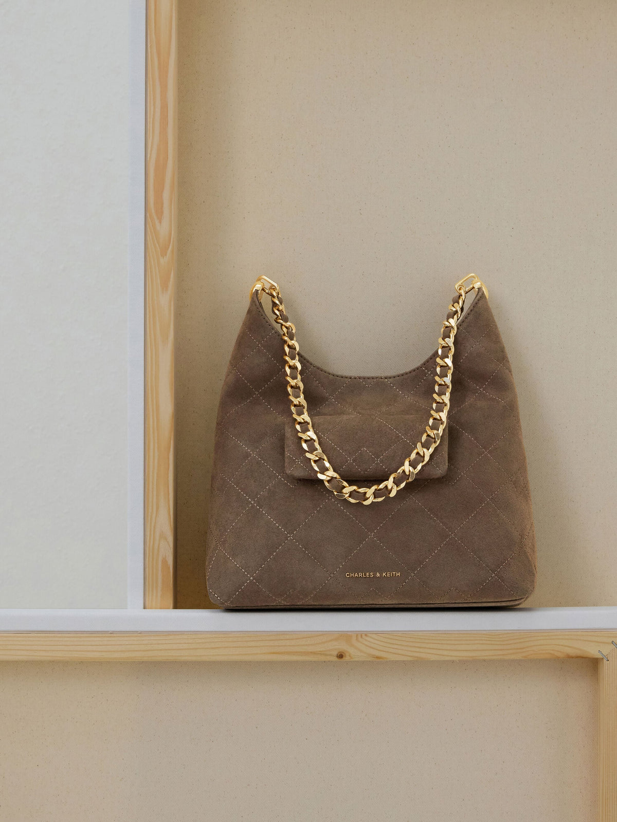 CHARLES & KEITH Everyday / Duo Quilted Front-Pocket Chain Hobo Bag - Stone Grey