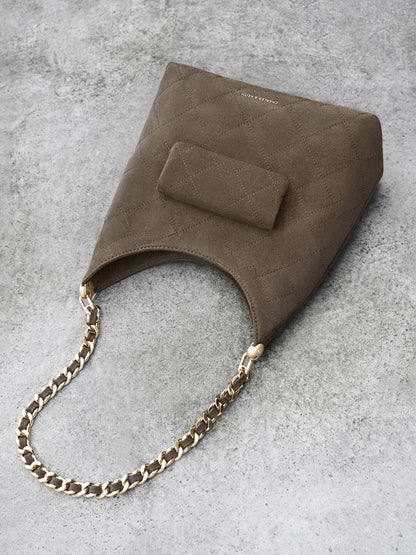 CHARLES & KEITH Everyday / Duo Quilted Front-Pocket Chain Hobo Bag - Stone Grey