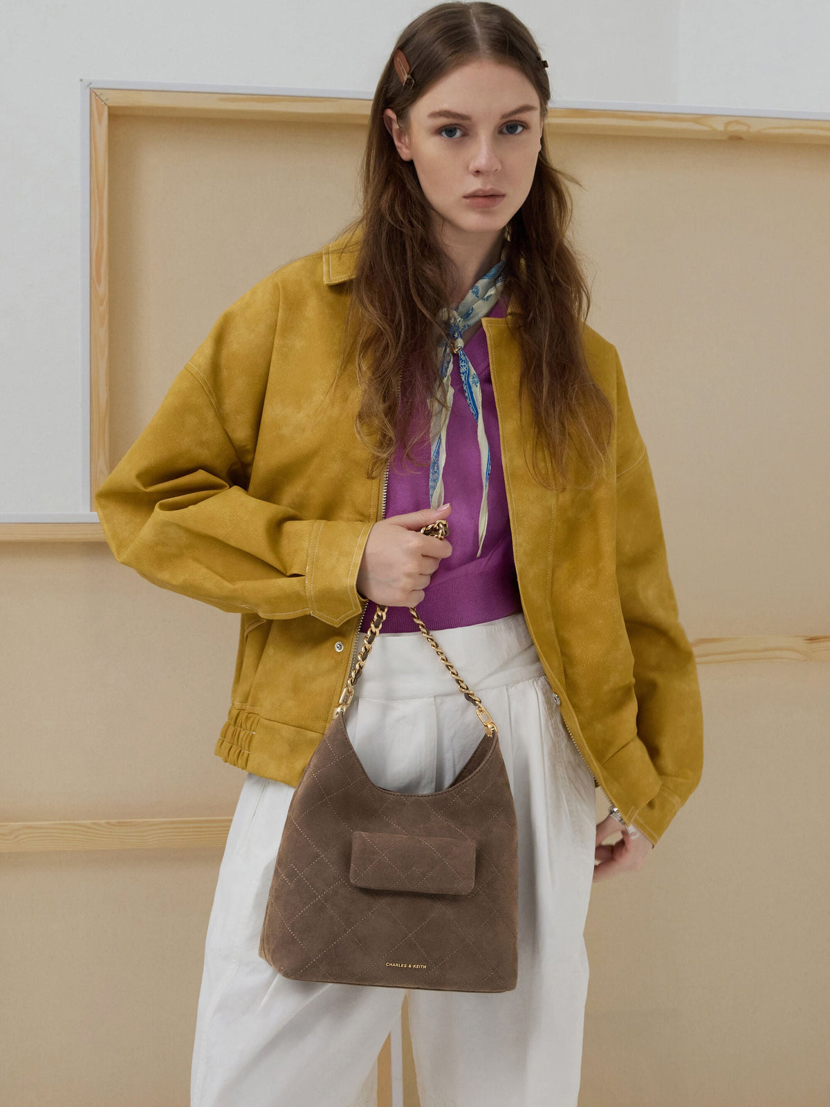 CHARLES & KEITH Everyday / Duo Quilted Front-Pocket Chain Hobo Bag - Stone Grey