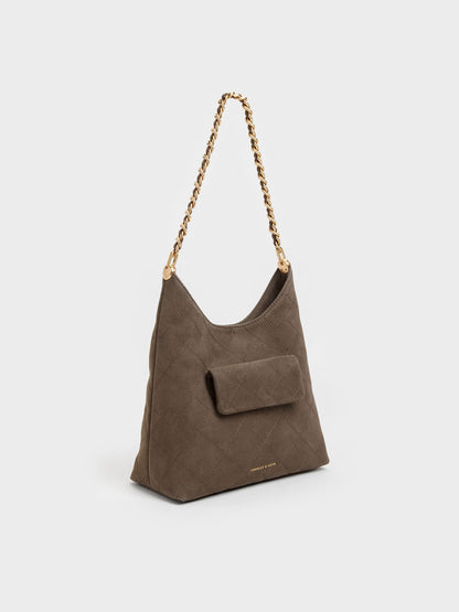 CHARLES & KEITH Everyday / Duo Quilted Front-Pocket Chain Hobo Bag - Stone Grey