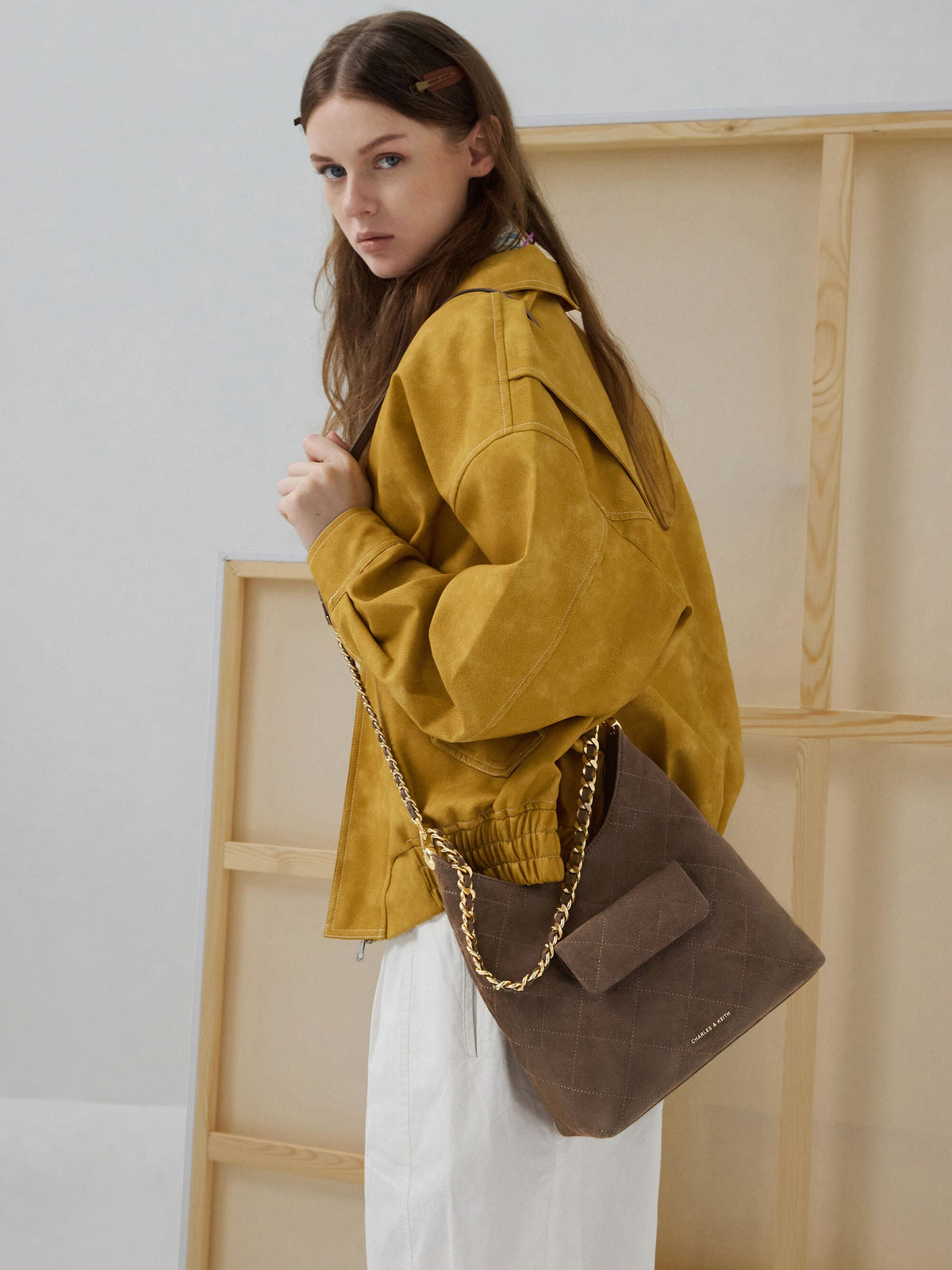 CHARLES & KEITH Everyday / Duo Quilted Front-Pocket Chain Hobo Bag - Stone Grey