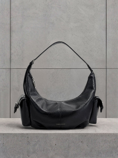 CHARLES & KEITH Great Value / Large Bessie Side-Pocket Hobo Bag - Noir