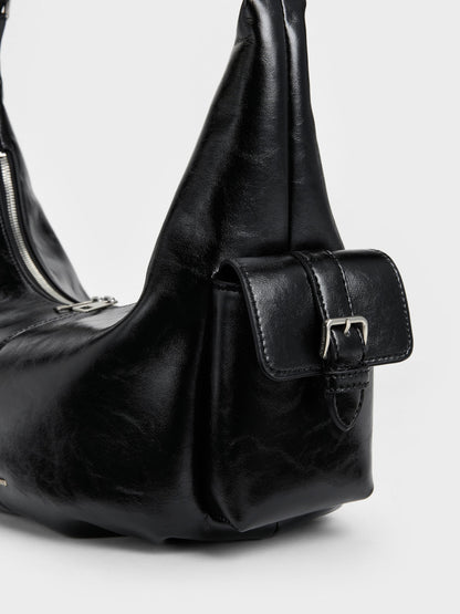 CHARLES & KEITH Great Value / Large Bessie Side-Pocket Hobo Bag - Noir