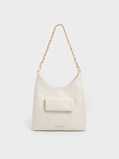 CHARLES & KEITH Classic / Duo Quilted Front-Pocket Chain Hobo Bag - Cream