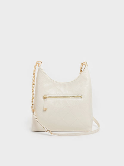 CHARLES & KEITH Classic / Duo Quilted Front-Pocket Chain Hobo Bag - Cream