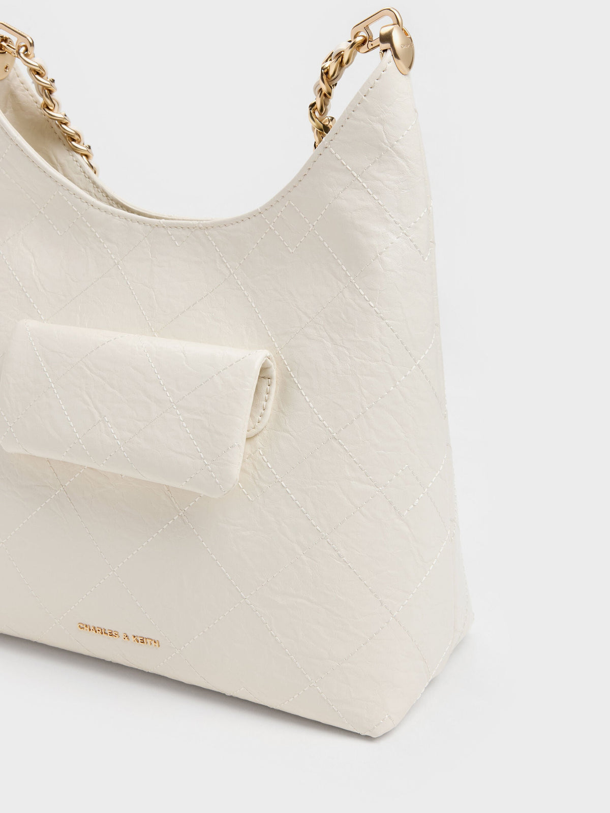 CHARLES & KEITH Classic / Duo Quilted Front-Pocket Chain Hobo Bag - Cream