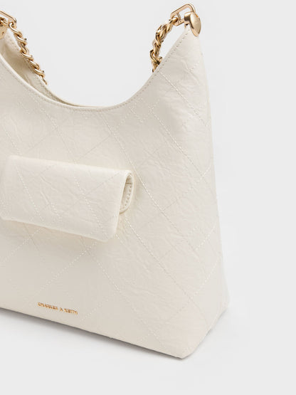 CHARLES & KEITH Classic / Duo Quilted Front-Pocket Chain Hobo Bag - Cream