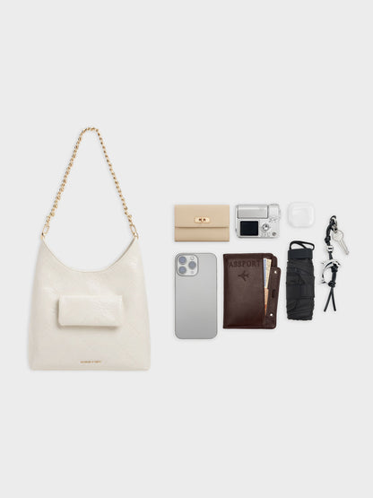 CHARLES & KEITH Classic / Duo Quilted Front-Pocket Chain Hobo Bag - Cream