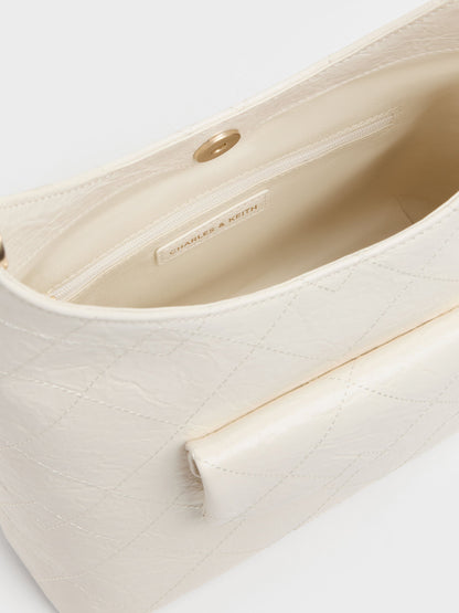 CHARLES & KEITH Classic / Duo Quilted Front-Pocket Chain Hobo Bag - Cream