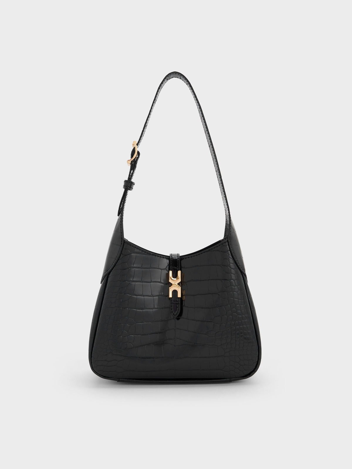 CHARLES & KEITH Everyday / Mini Adalyn Croc-Effect Hobo Bag - Black Croco