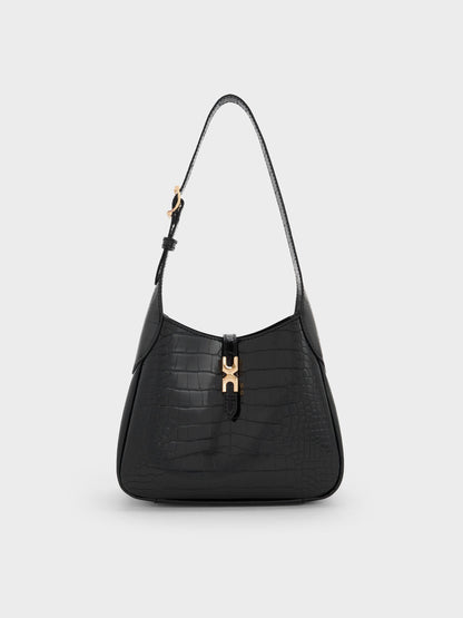 CHARLES & KEITH Everyday / Mini Adalyn Croc-Effect Hobo Bag - Black Croco