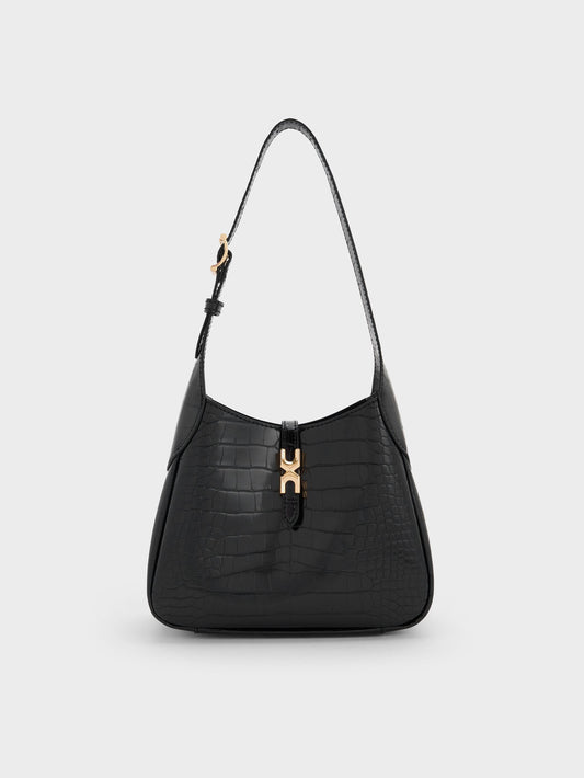 CHARLES & KEITH Everyday / Mini Adalyn Croc-Effect Hobo Bag - Black Croco