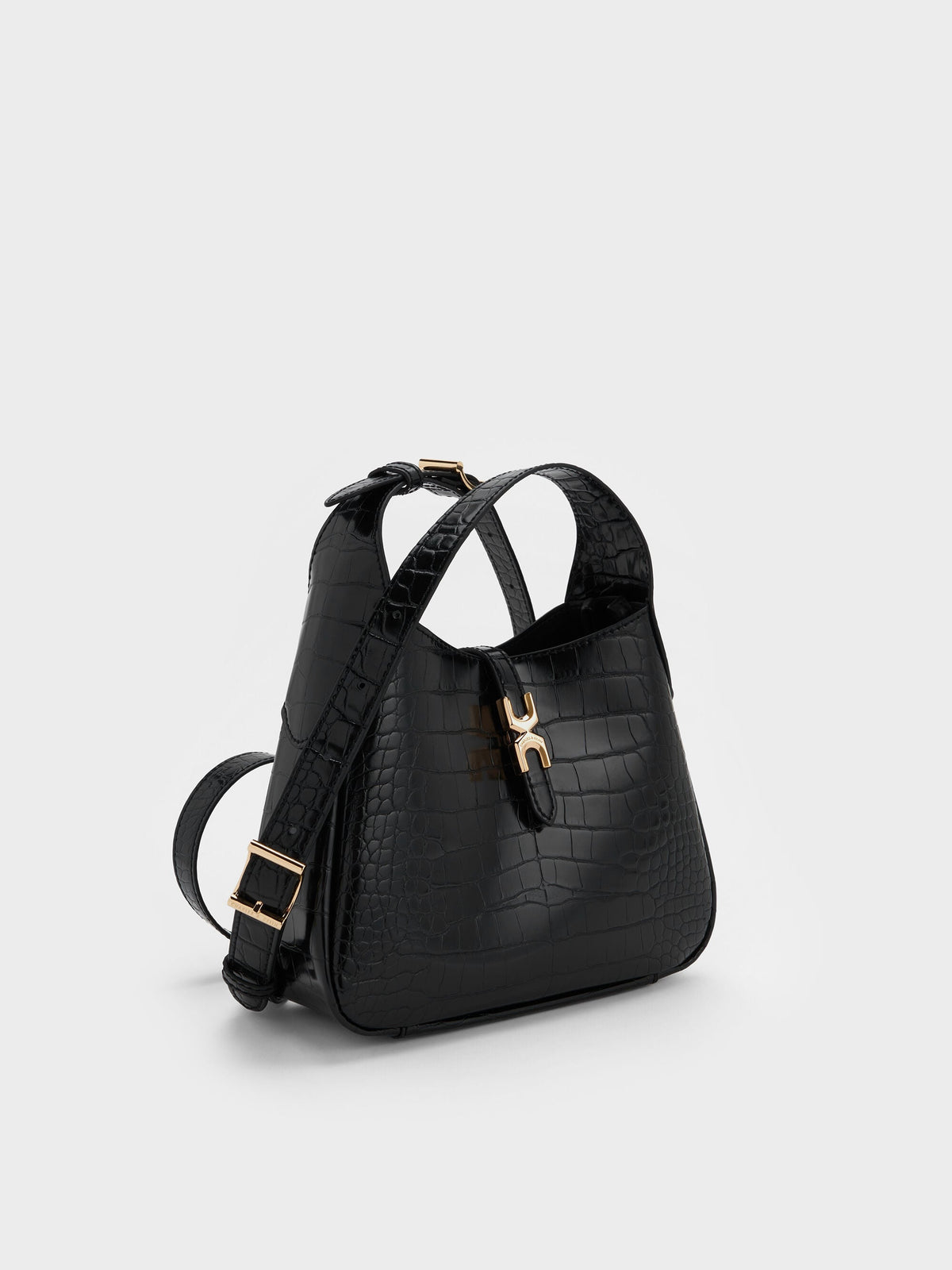 CHARLES & KEITH Everyday / Mini Adalyn Croc-Effect Hobo Bag - Black Croco
