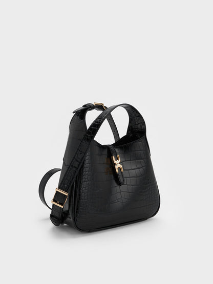 CHARLES & KEITH Everyday / Mini Adalyn Croc-Effect Hobo Bag - Black Croco