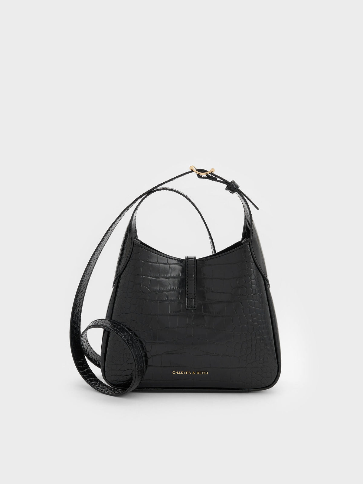 CHARLES & KEITH Everyday / Mini Adalyn Croc-Effect Hobo Bag - Black Croco