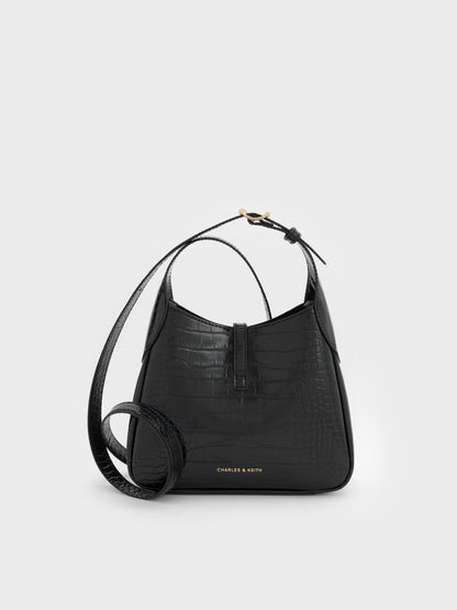 CHARLES & KEITH Everyday / Mini Adalyn Croc-Effect Hobo Bag - Black Croco