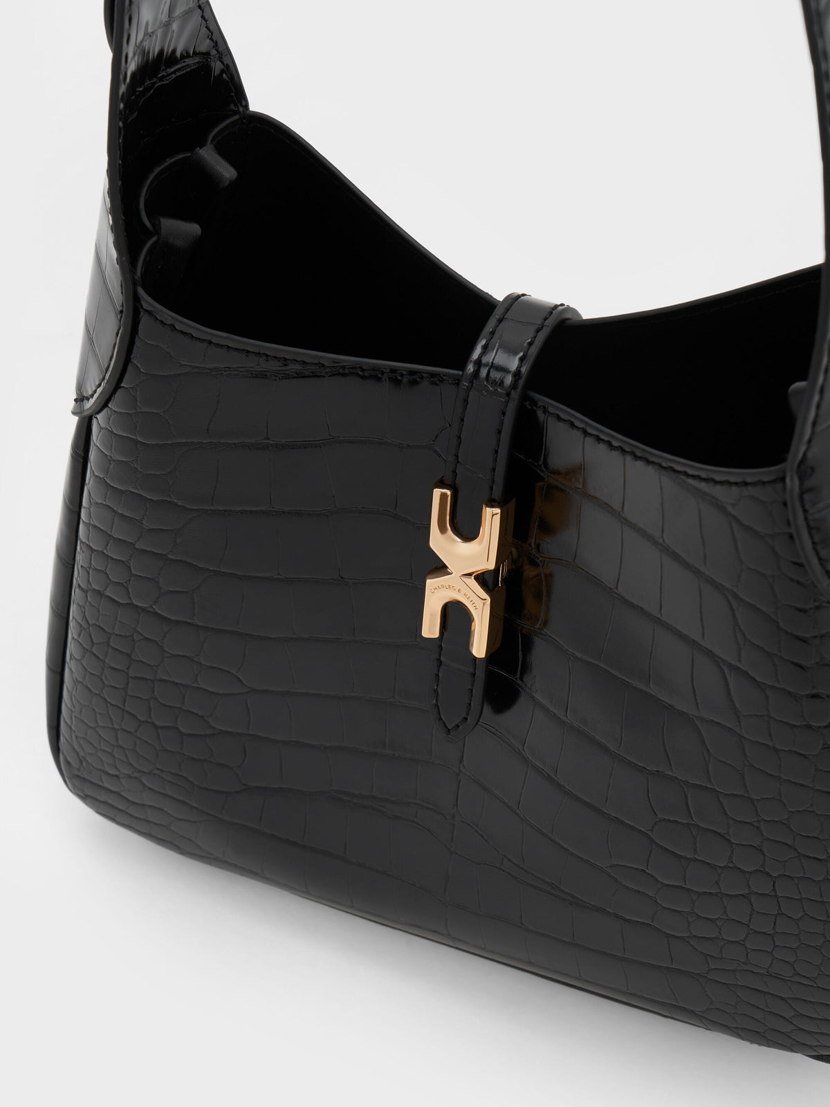 CHARLES & KEITH Everyday / Mini Adalyn Croc-Effect Hobo Bag - Black Croco