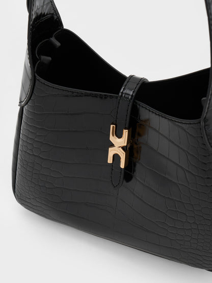 CHARLES & KEITH Everyday / Mini Adalyn Croc-Effect Hobo Bag - Black Croco