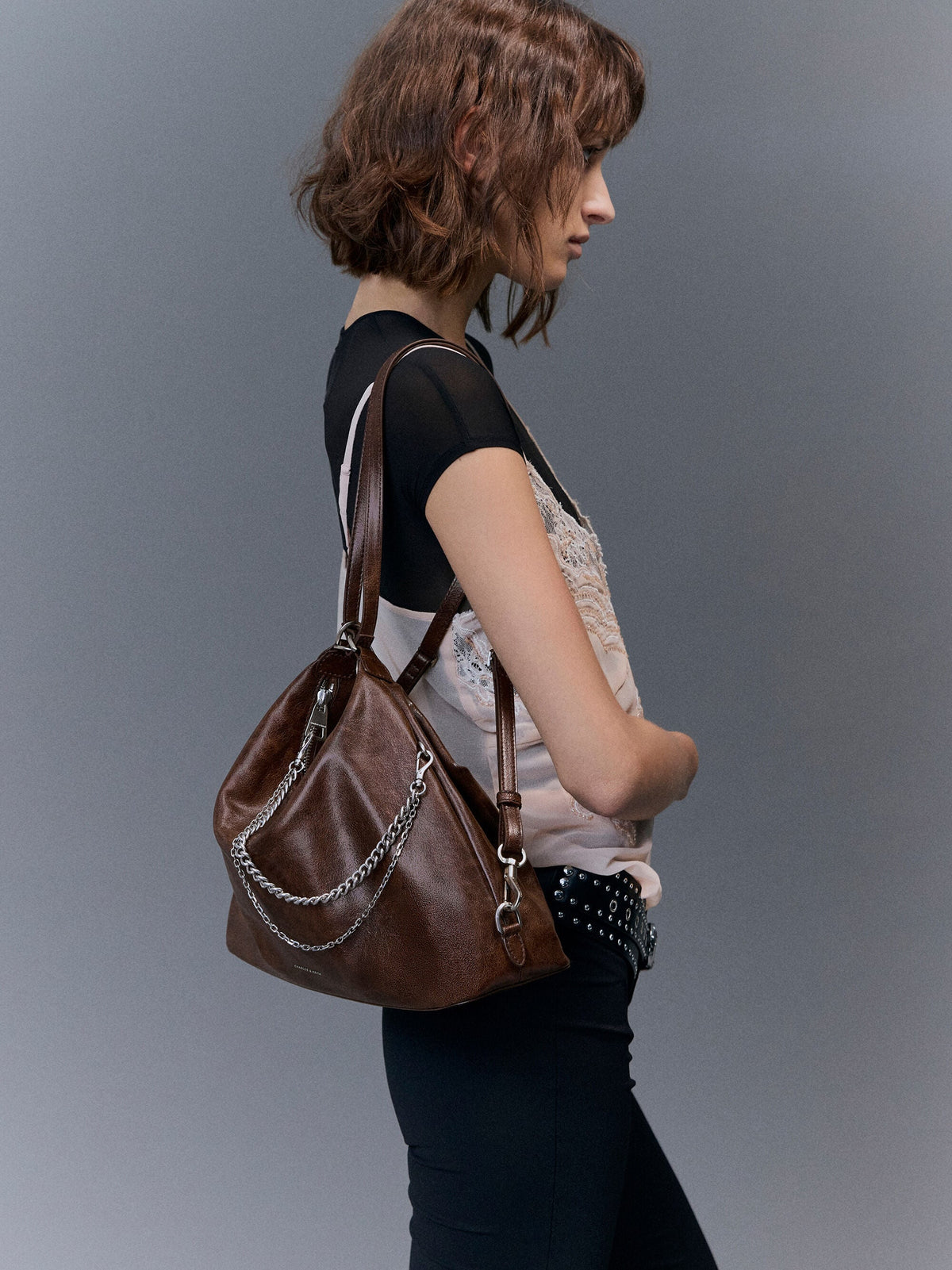 CHARLES & KEITH Featured / Atwood Chain Convertible Hobo Bag - Distressed Coffee