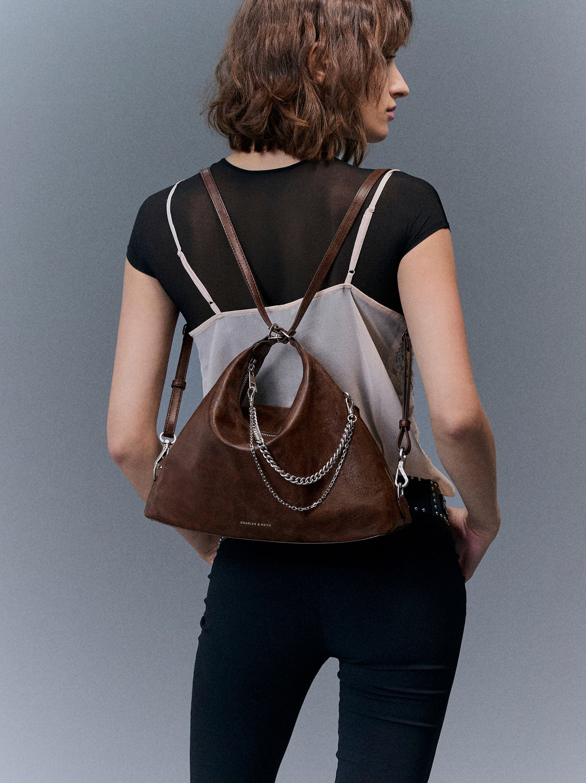 CHARLES & KEITH Featured / Atwood Chain Convertible Hobo Bag - Distressed Coffee