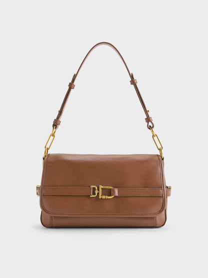 CHARLES & KEITH Value / Gwynne Metallic-Buckle Belted Shoulder Bag - Chocolate