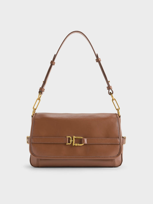 CHARLES & KEITH Value / Gwynne Metallic-Buckle Belted Shoulder Bag - Chocolate