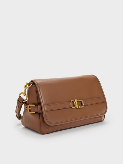 CHARLES & KEITH Value / Gwynne Metallic-Buckle Belted Shoulder Bag - Chocolate