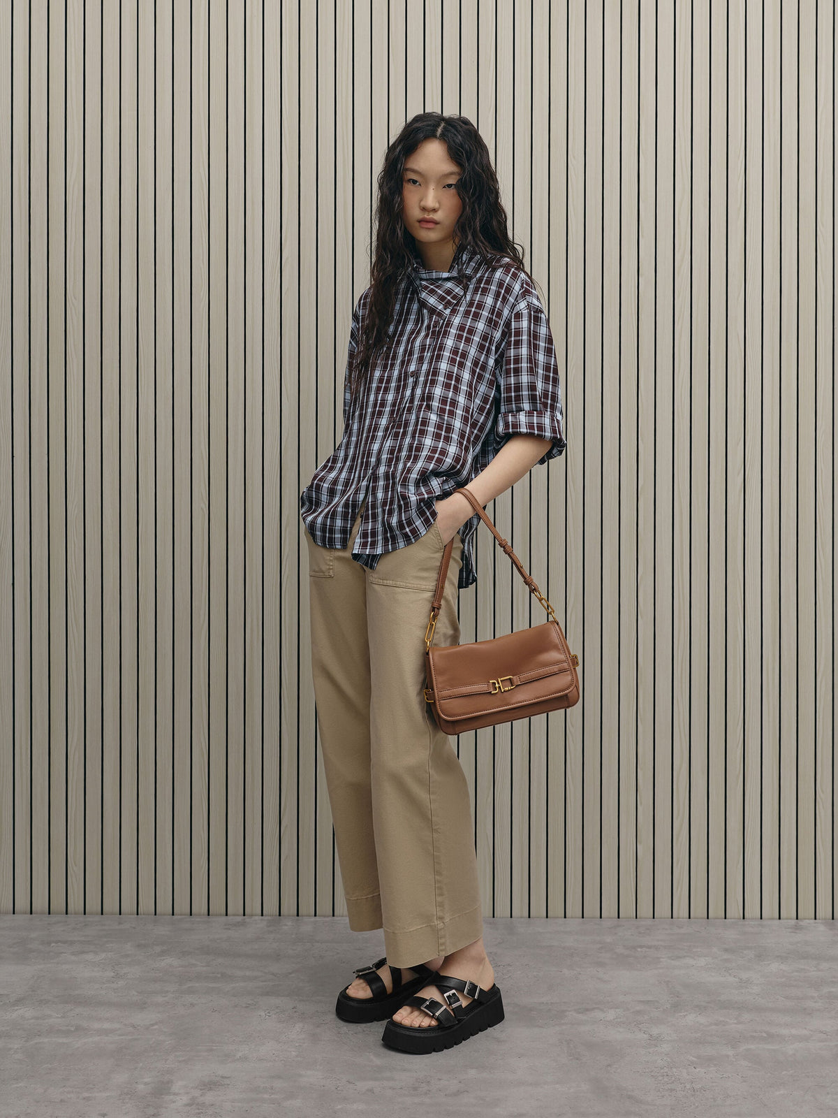 CHARLES & KEITH Value / Gwynne Metallic-Buckle Belted Shoulder Bag - Chocolate