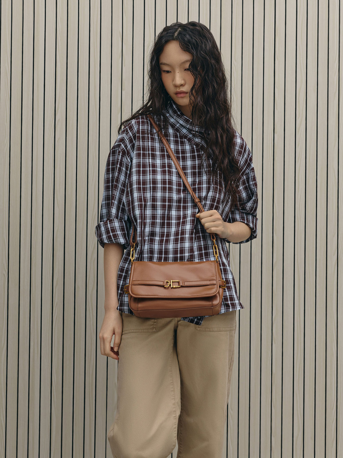 CHARLES & KEITH Value / Gwynne Metallic-Buckle Belted Shoulder Bag - Chocolate