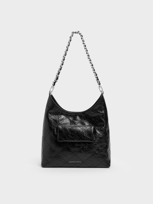 CHARLES & KEITH Hot Sale / Duo Quilted Front-Pocket Chain Hobo Bag - Noir