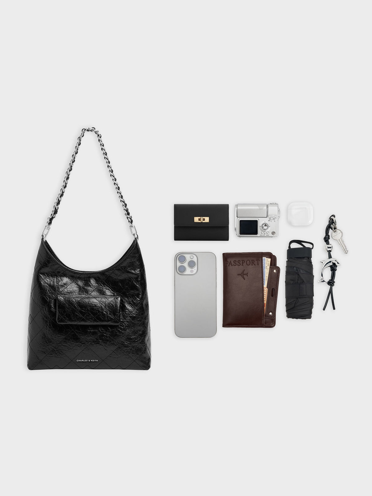 CHARLES & KEITH Hot Sale / Duo Quilted Front-Pocket Chain Hobo Bag - Noir