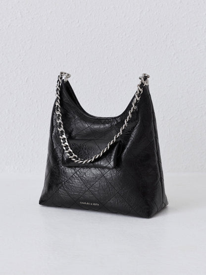 CHARLES & KEITH Hot Sale / Duo Quilted Front-Pocket Chain Hobo Bag - Noir