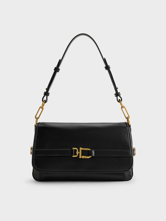 CHARLES & KEITH Smart Buy / Gwynne Metallic-Buckle Belted Shoulder Bag - Black