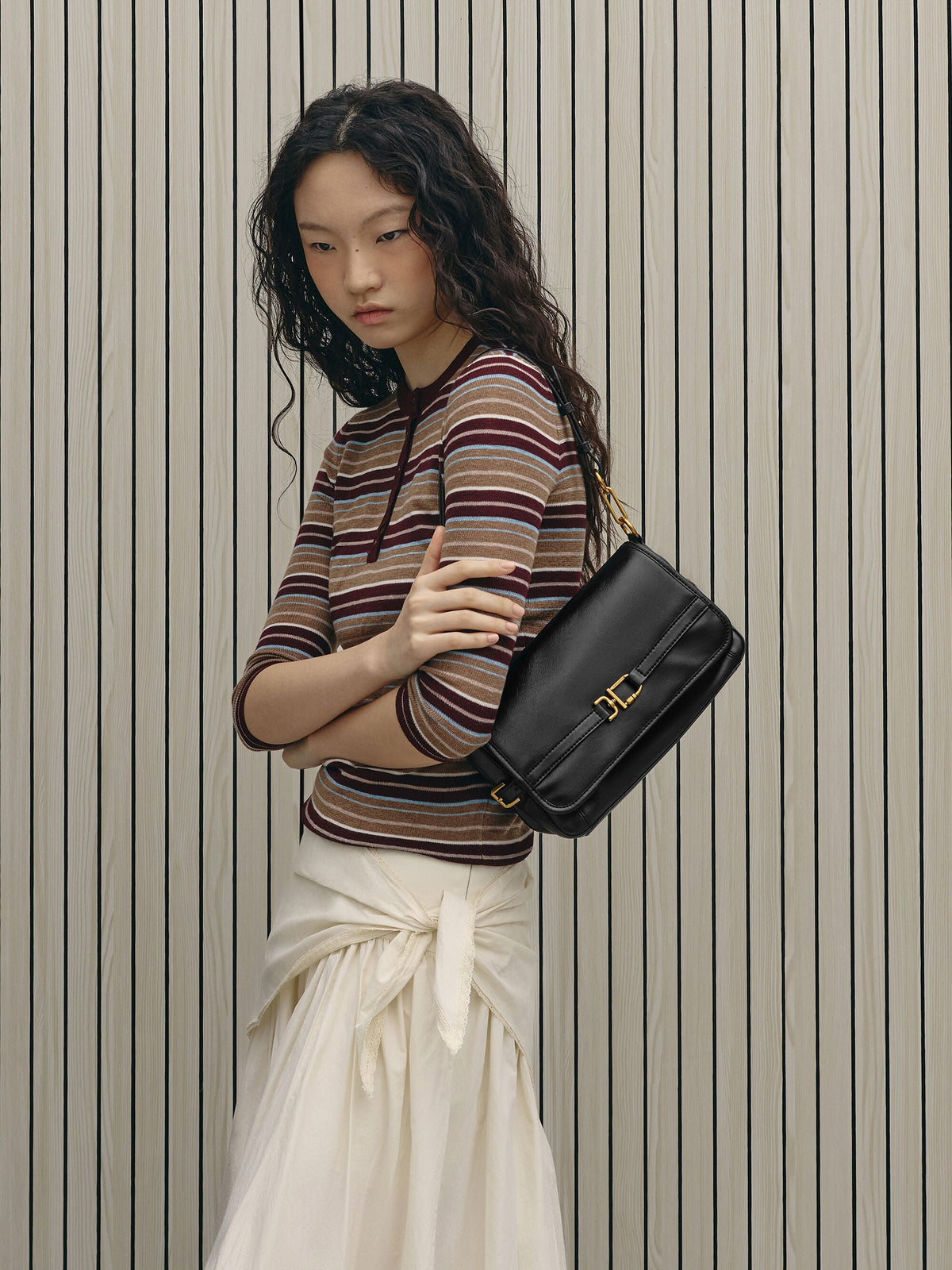 CHARLES & KEITH Smart Buy / Gwynne Metallic-Buckle Belted Shoulder Bag - Black