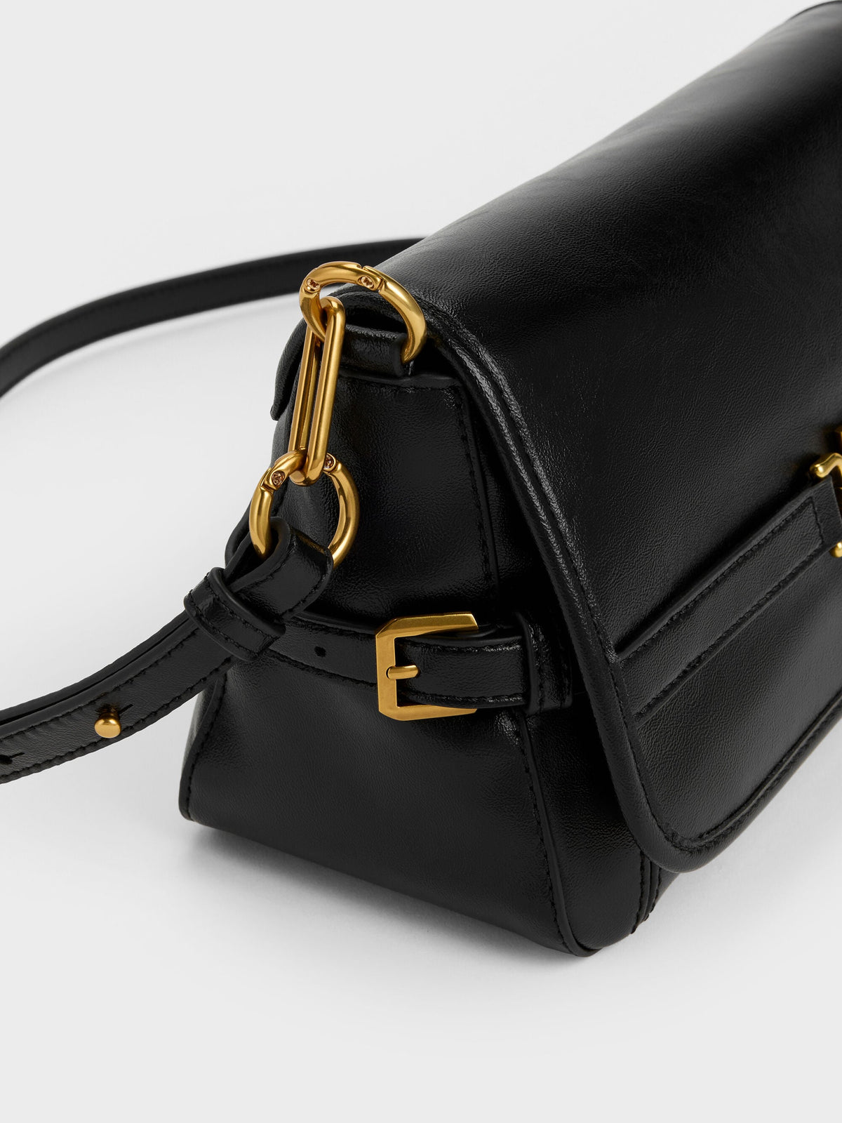 CHARLES & KEITH Smart Buy / Gwynne Metallic-Buckle Belted Shoulder Bag - Black