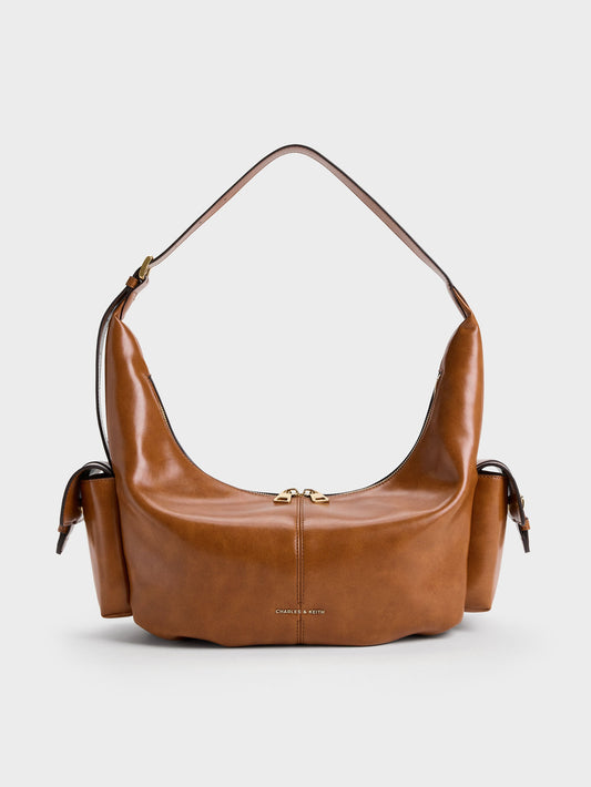 CHARLES & KEITH Special Offer / Large Bessie Side-Pocket Hobo Bag - Distressed Tan