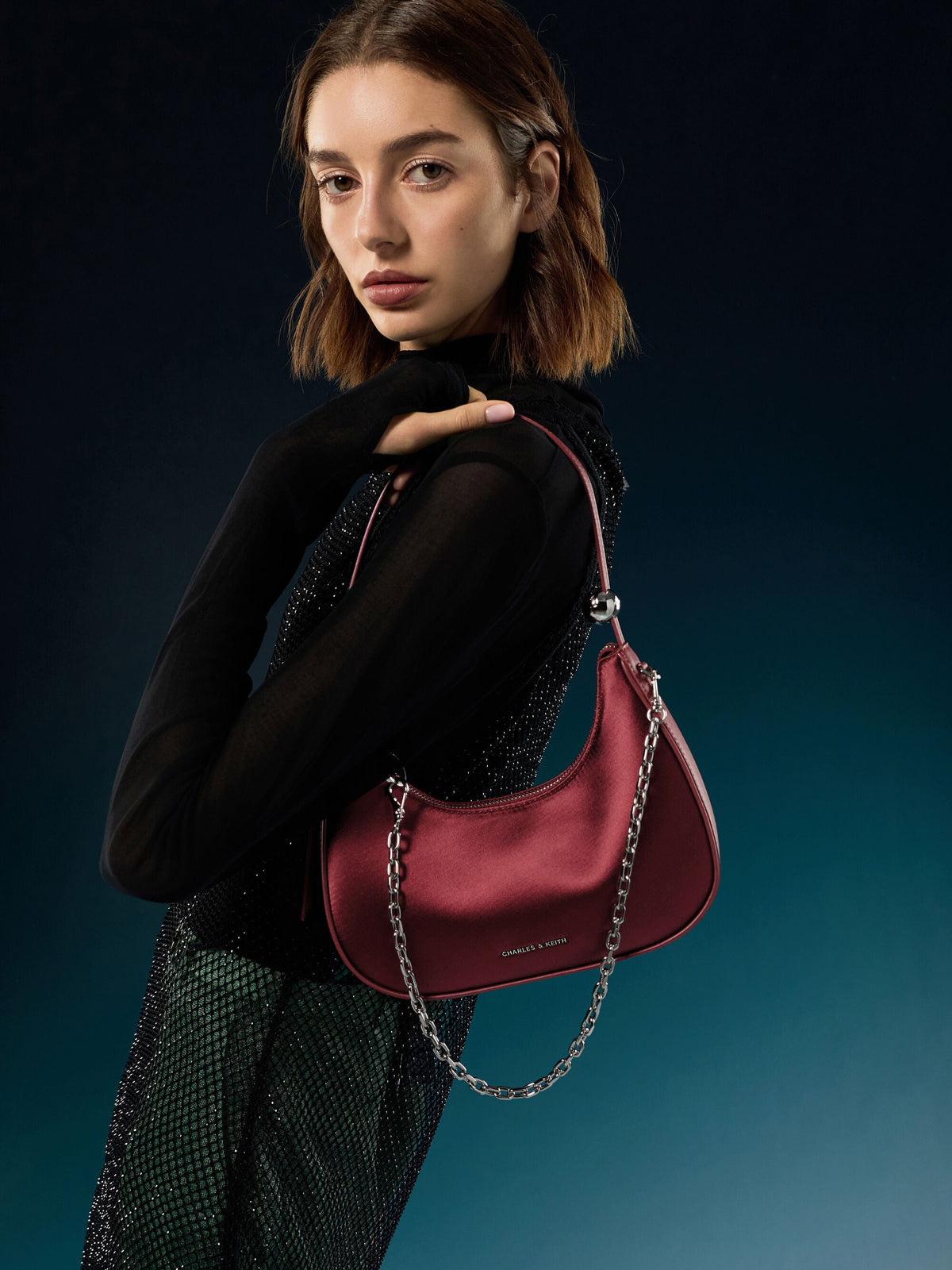 CHARLES & KEITH Value / Jesmyn Satin Chain Two-Way Bag - Burgundy