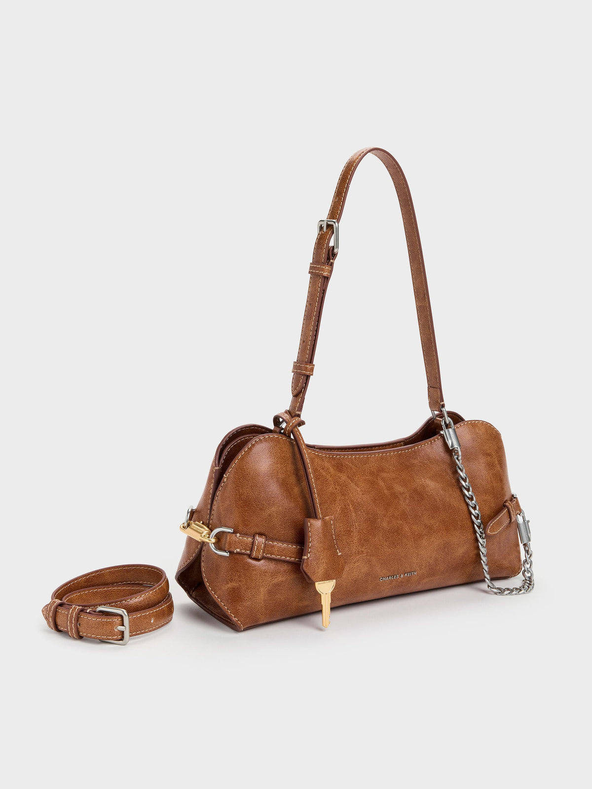 CHARLES & KEITH Top Pick / Delfina Chain Side-Belt Shoulder Bag - Distressed Tan
