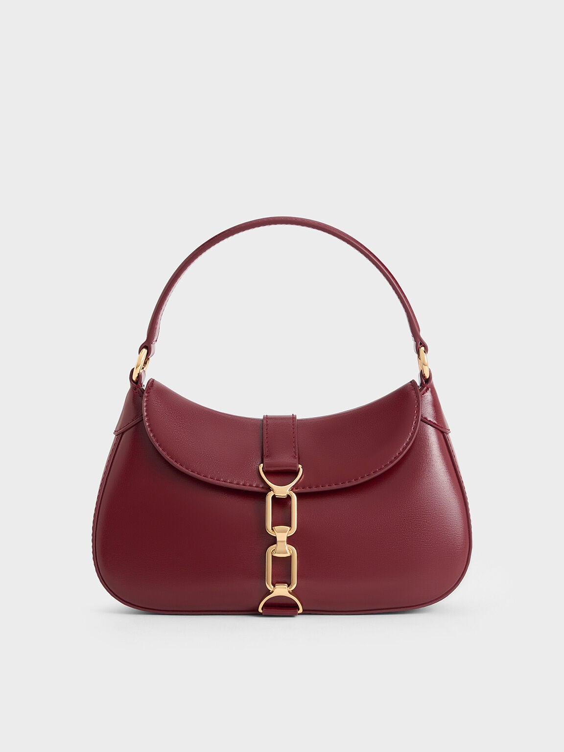CHARLES & KEITH Classic / Agatha Chain-Accent Hobo Bag - Burgundy