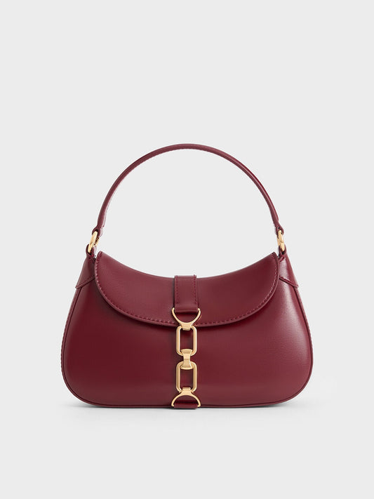 CHARLES & KEITH Classic / Agatha Chain-Accent Hobo Bag - Burgundy
