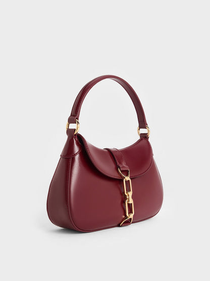 CHARLES & KEITH Classic / Agatha Chain-Accent Hobo Bag - Burgundy