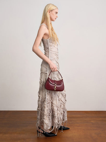 CHARLES & KEITH Classic / Agatha Chain-Accent Hobo Bag - Burgundy