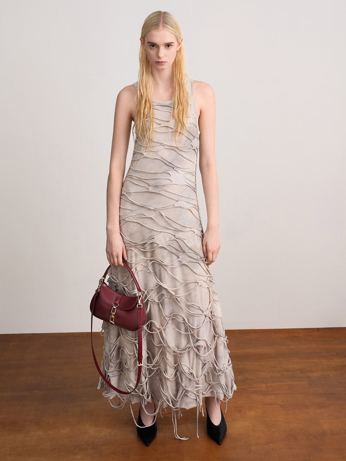 CHARLES & KEITH Classic / Agatha Chain-Accent Hobo Bag - Burgundy