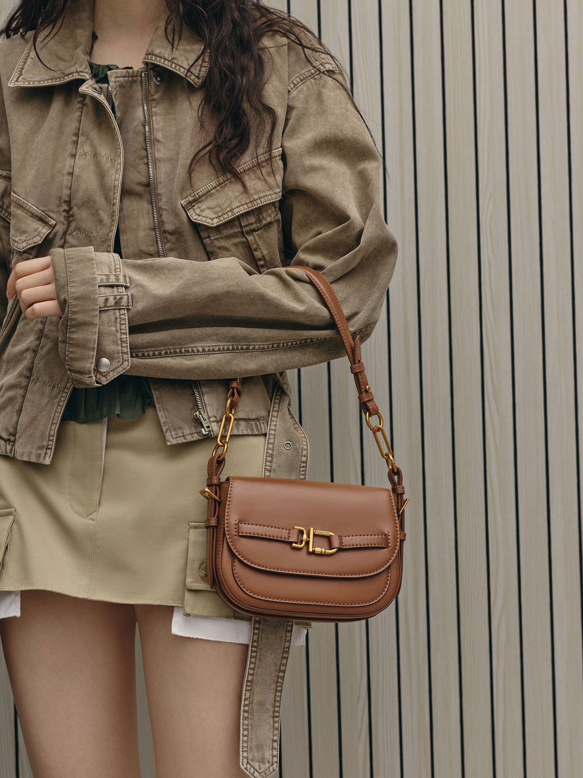 CHARLES & KEITH Quality / Gwynne Metallic-Accent Crossbody Bag - Chocolate
